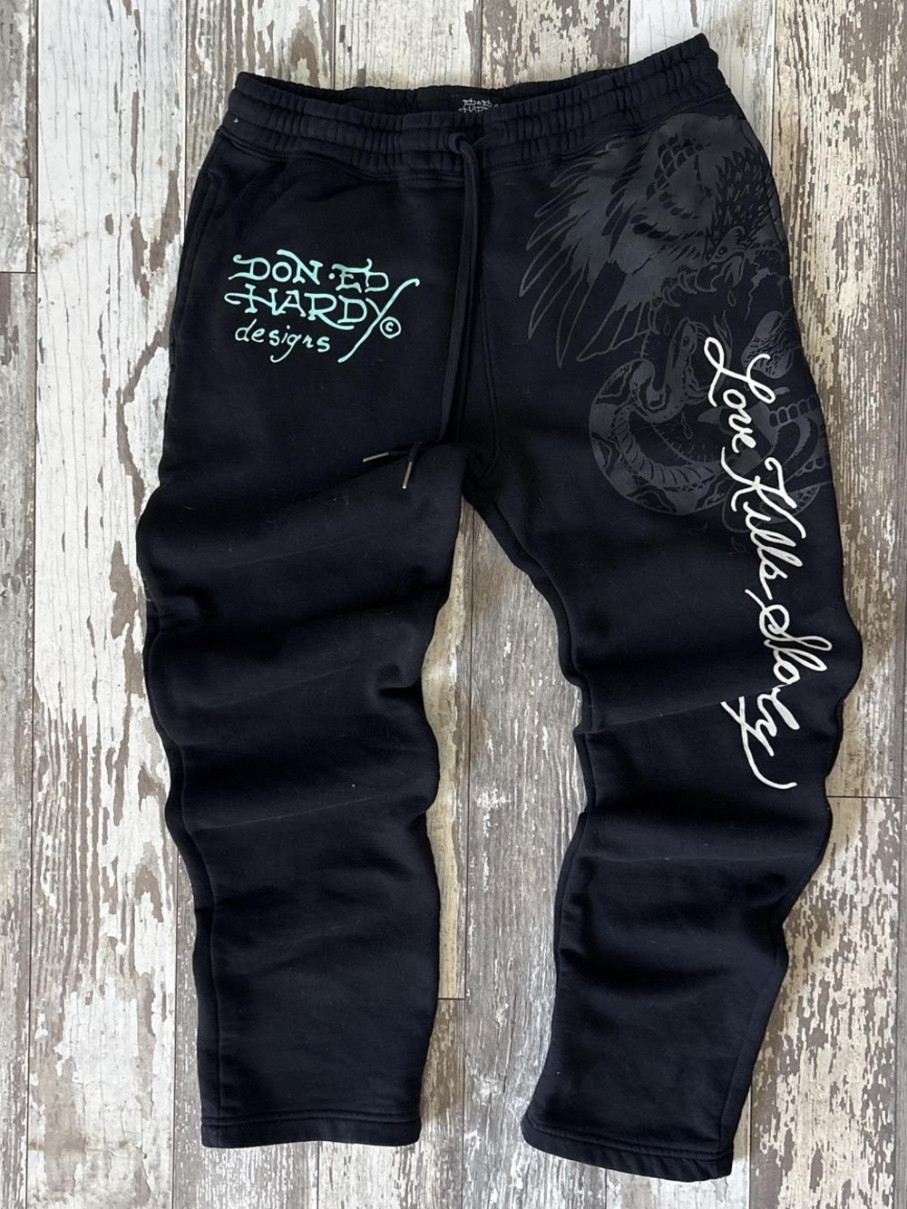 Ed Hardy Black Sweatpants with Teal Logo and White Script